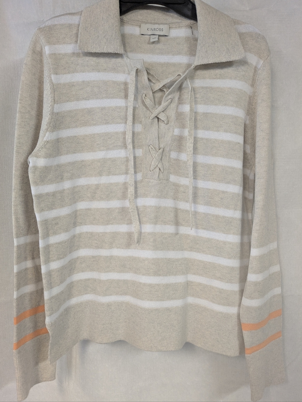 Kinross Beige & White Striped Lace-Up Sweater with Orange Accents